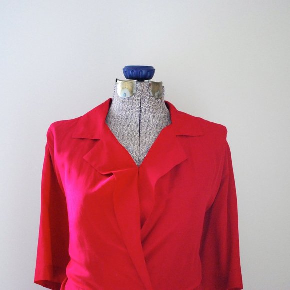 100% Silk Cherry Red Collared Dress - Picture 3 of 12